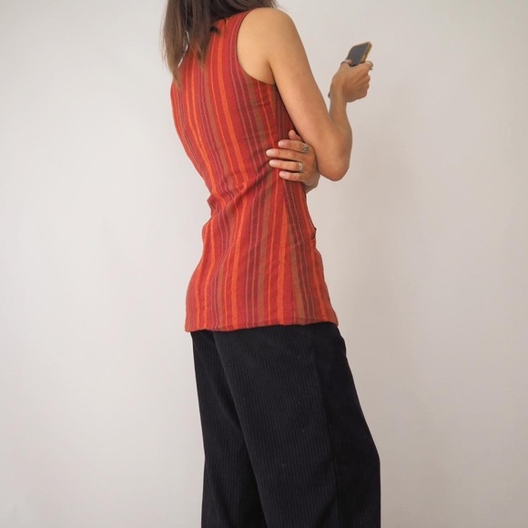 VINTAGE 90’s RED-ORANGE STRIPE LINEN-BLEND LONGLINE WAISTCOAT VEST - Picture 6 of 7